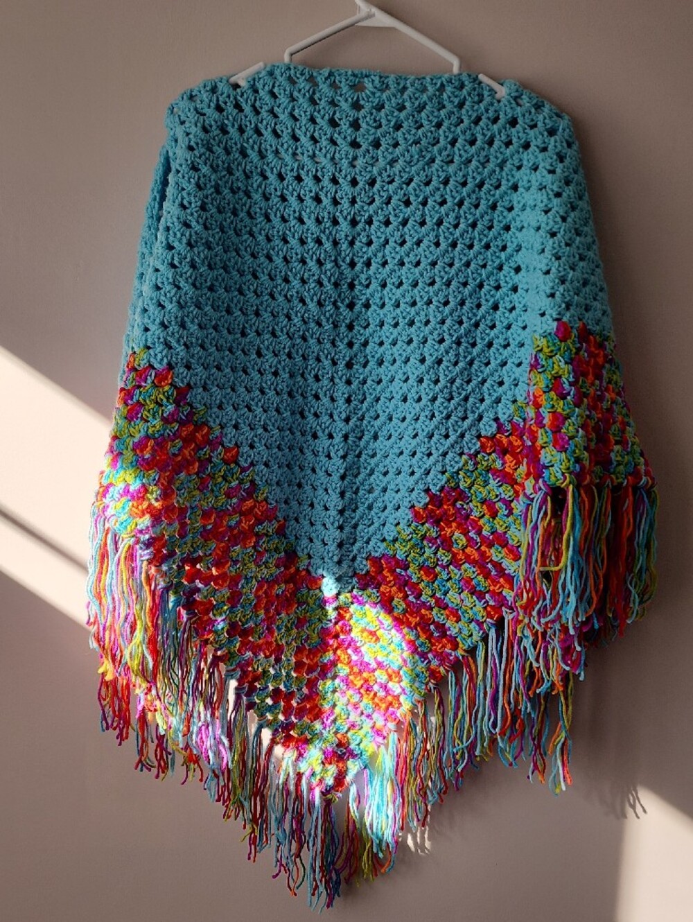 Handmade Light Blue Crochet Shawl with Multicolor Fringe